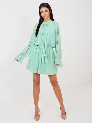 Miętowa sukienka ze ściągaczem w talii RUE PARIS 