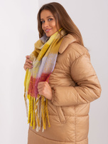 Hurt Żółto-bordowy szal zimowy z frędzlami w kratę