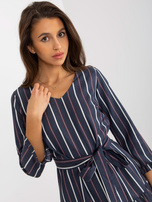 Hurt Granatowa rozkloszowana sukienka koktajlowa w paski