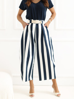 Ecru-navy striped summer culottes.