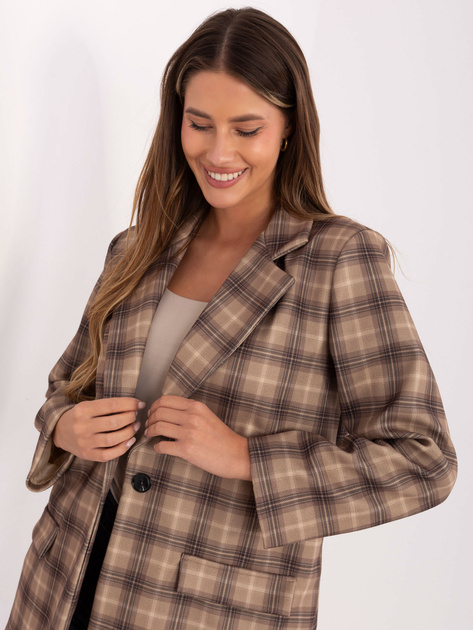 Beżowo-camelowa długa marynarka w kratę