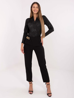 Black elegant bodysuit with a wrap neckline.