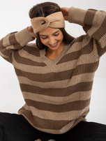 Hurt Brązowo-beżowy dłuższy sweter oversize w paski RUE PARIS 