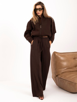 Chocolate zip-up sweatshirt with a bomber-style bottom.