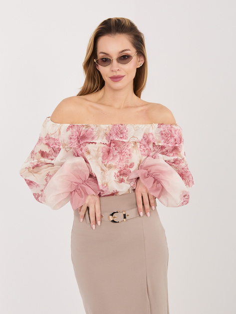 Różowa elegancka bluzka hiszpanka w kwiaty