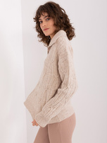 Hurt Beżowy sweter z warkoczami i kołnierzem