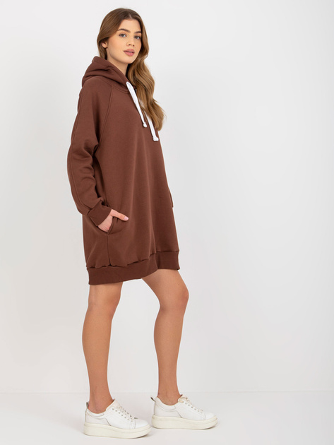 Hurtownia Brązowa długa dresowa bluza basic z kapturem