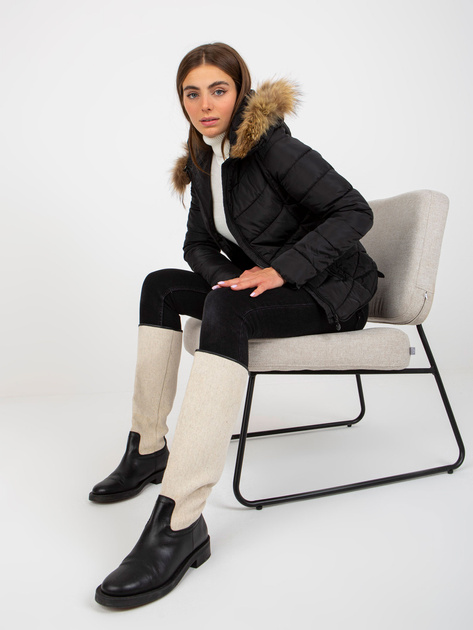 Hurt Czarna pikowana kurtka przejściowa z futerkiem na kapturze