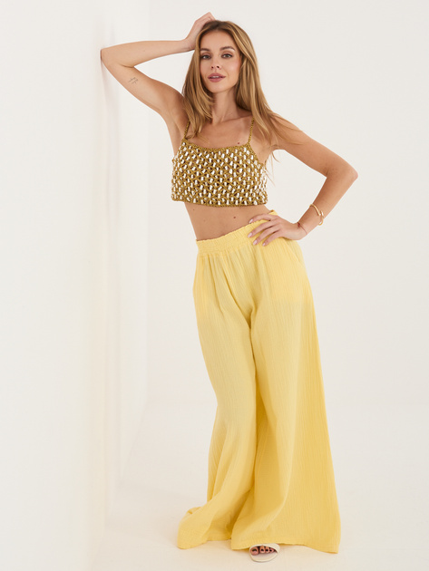 Jasnożółte muślinowe spodnie z wysokim stanem