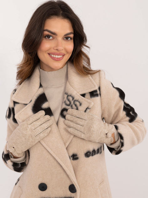 Hurt Beżowe dotykowe rękawiczki damskie z guzkiem