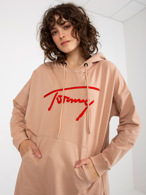 Hurt Beżowa długa bluza kangurka z kapturem i napisem