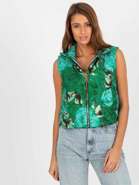 Hurtownia Zielona krótka kamizelka w kwiaty z pikowaniem
