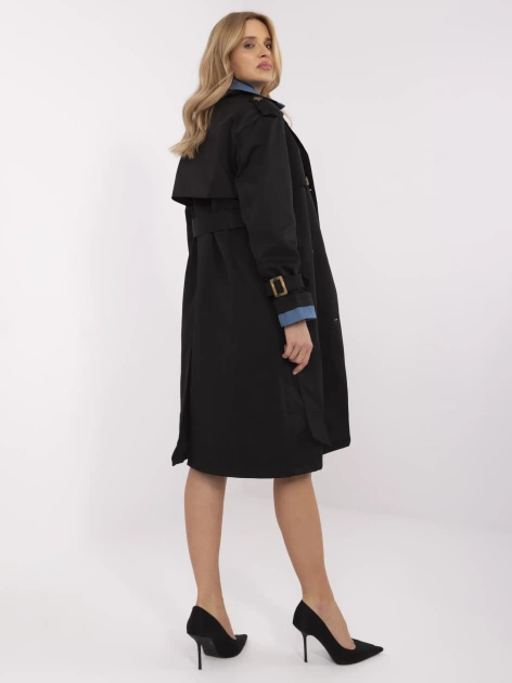 Czarny damski trencz z jeansową wstawką