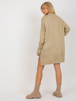 Hurt Beżowy długi sweter oversize z kieszeniami i półgolfem