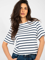 Biało-granatowy damski t-shirt basic w paski RUE PARIS  