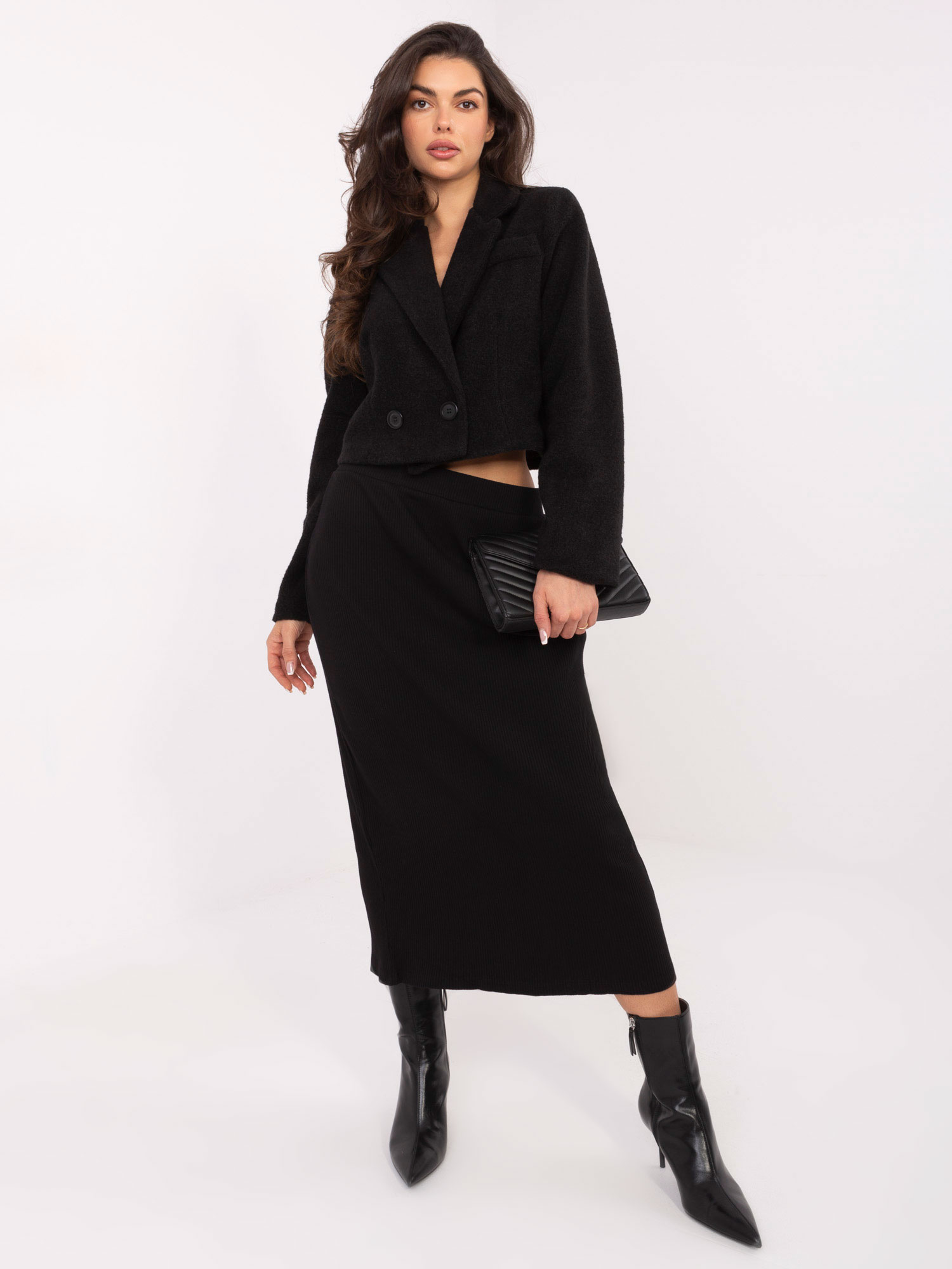 Černý elegantní kabát boucle RUE PARIS.