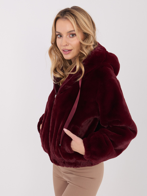 Bordowa futrzana kurtka z kapturem