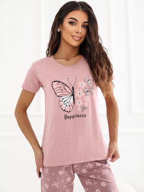 Różowa bawełniana piżama ze spodniami 3/4