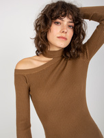 Hurt Jasnobrązowa mini sukienka dopasowana w prążek