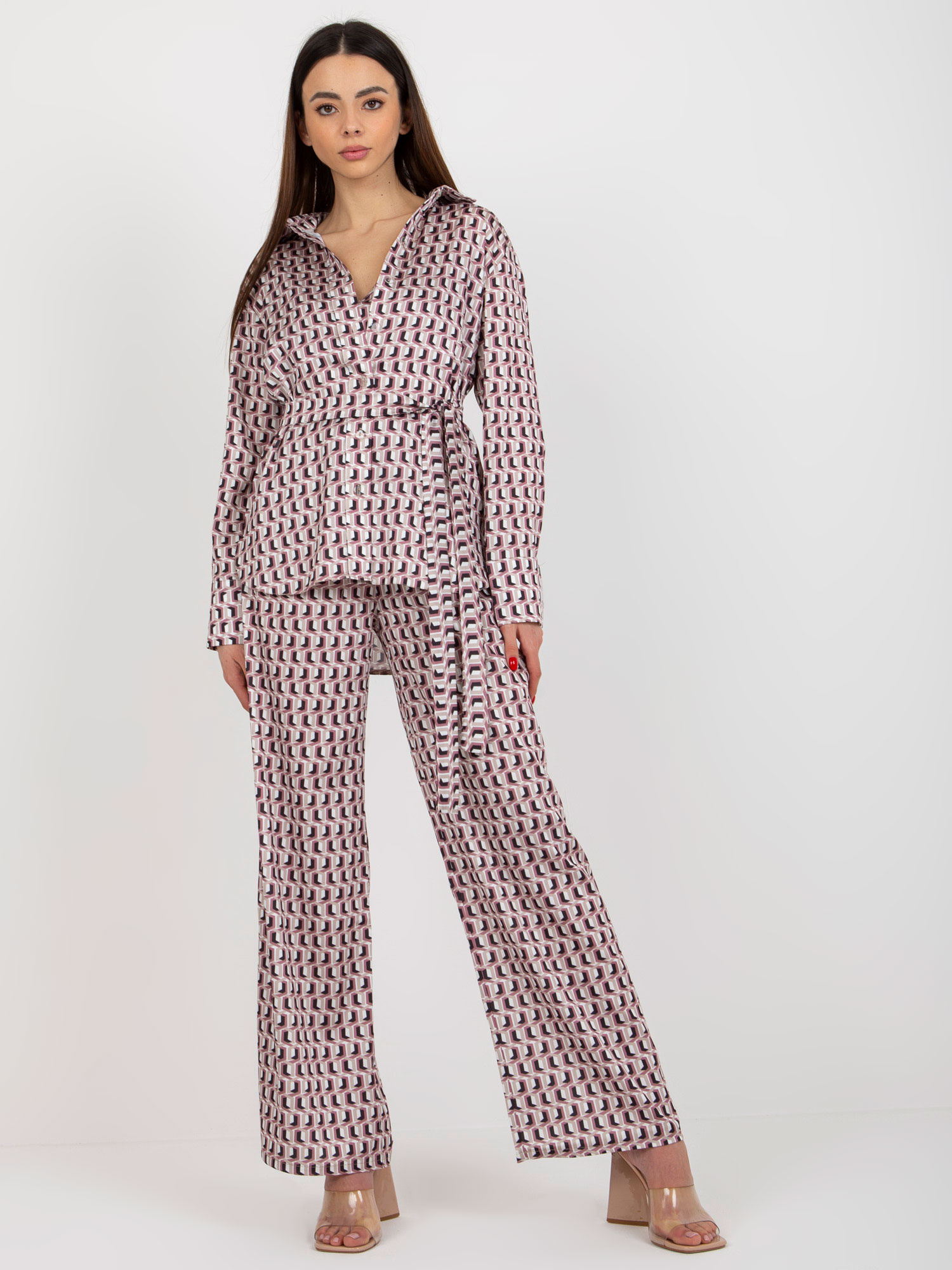 Beżowo-różowy trzyczęściowy komplet elegancki z topem