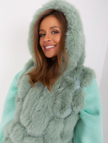 Wholesale pistachio fur vest with zip and hood.