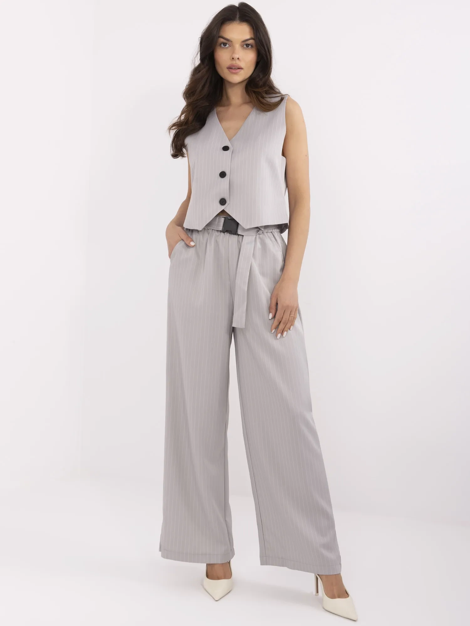 Gray striped women's suit set.