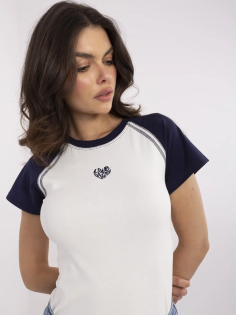 Ecru-granatowy damski t-shirt z haftem