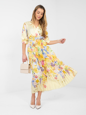 Jasnożółta rozkloszowana sukienka z printem