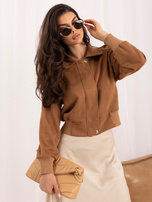Camel jacket with faux suede and wide elastic band.