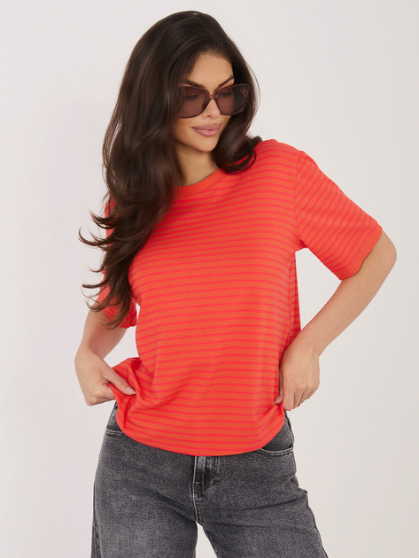 Fluo różowo-pomarańczowy t-shirt oversize w paski RUE PARIS