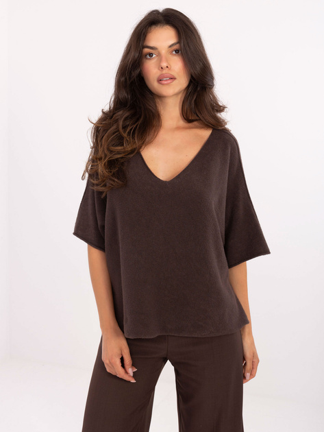 Ciemnobrązowy sweter nietoperz z dekoltem V