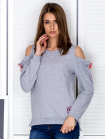 Light gray cut out sweatshirt with ribbons