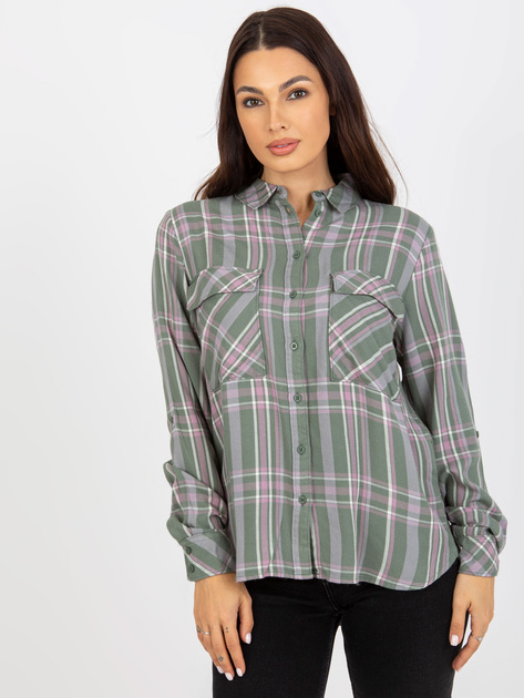 Hurtownia Khaki damska koszula w kratę z kieszeniami