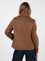 Brown suede coat with pockets.