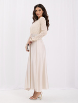 RUE PARIS Light beige evening dress with a lace top.