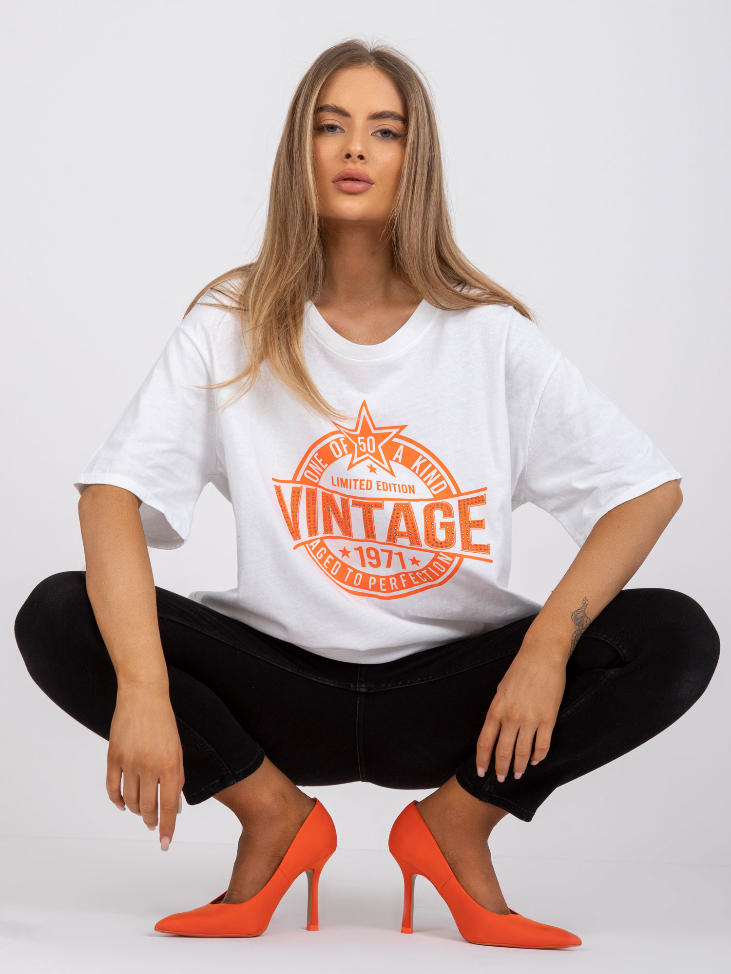 White and orange cotton t-shirt with applique