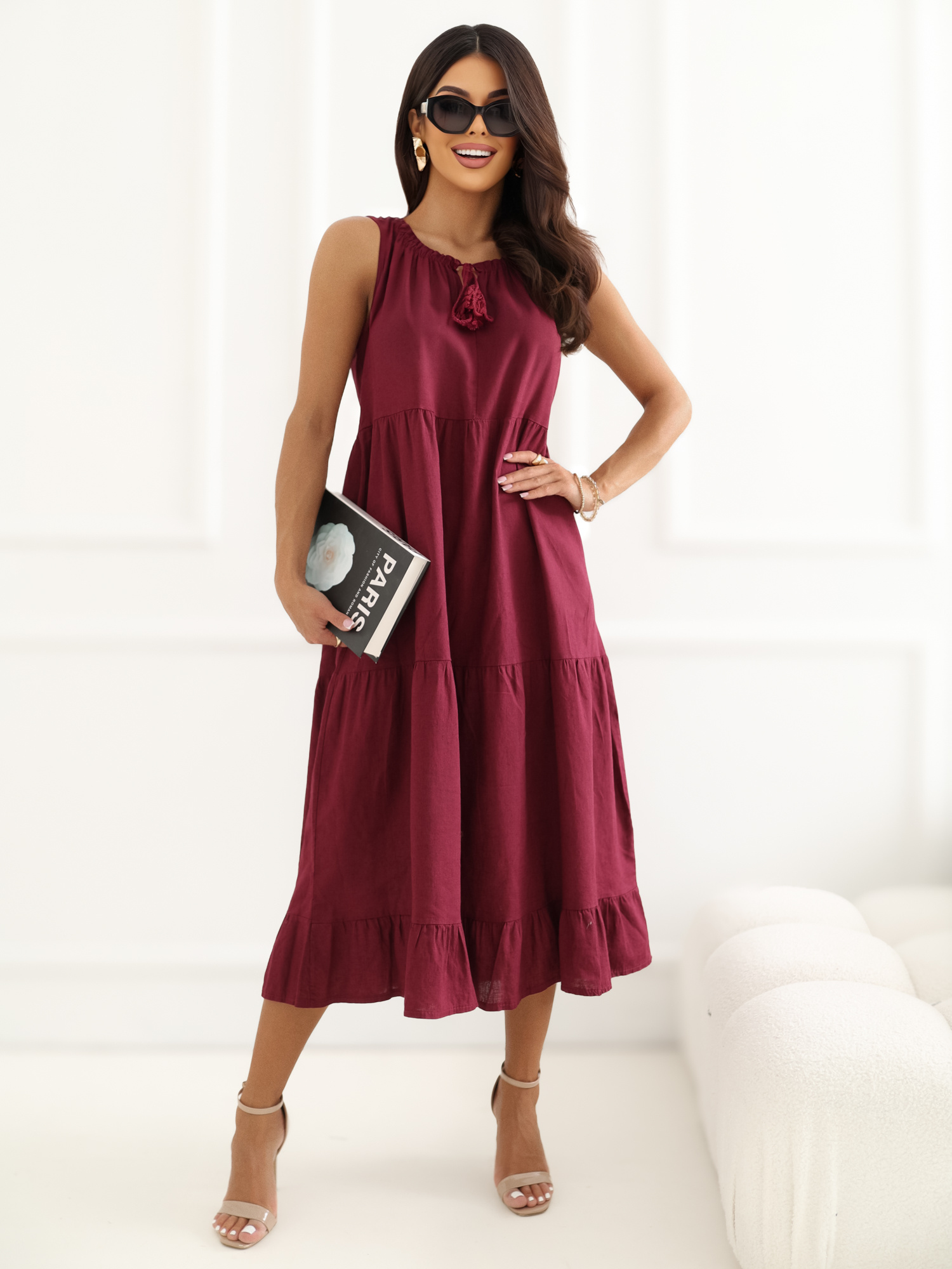 Burgundy summer dress with a linen blend.