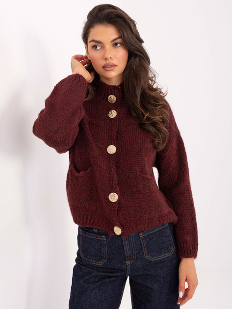 Burgundowy rozpinany sweter z kieszeniami