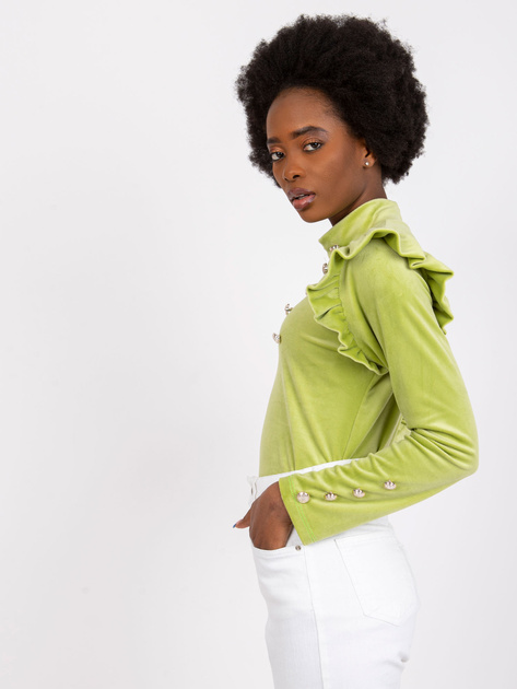 Limonkowa bluzka welurowa z falbanami na ramionach Capri