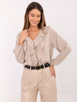Ciemnobeżowa elegancka bluzka z żabotem RUE PARIS 
