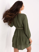Khaki muślinowa sukienka z bufiastymi rękawami