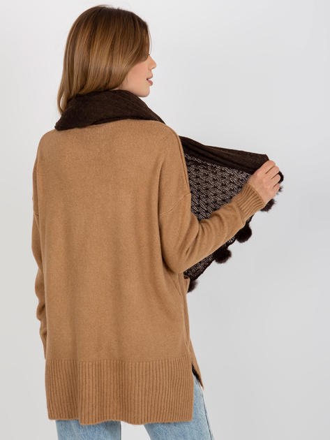 Hurt Ciemnobrązowy ażurowy szal damski z pomponami