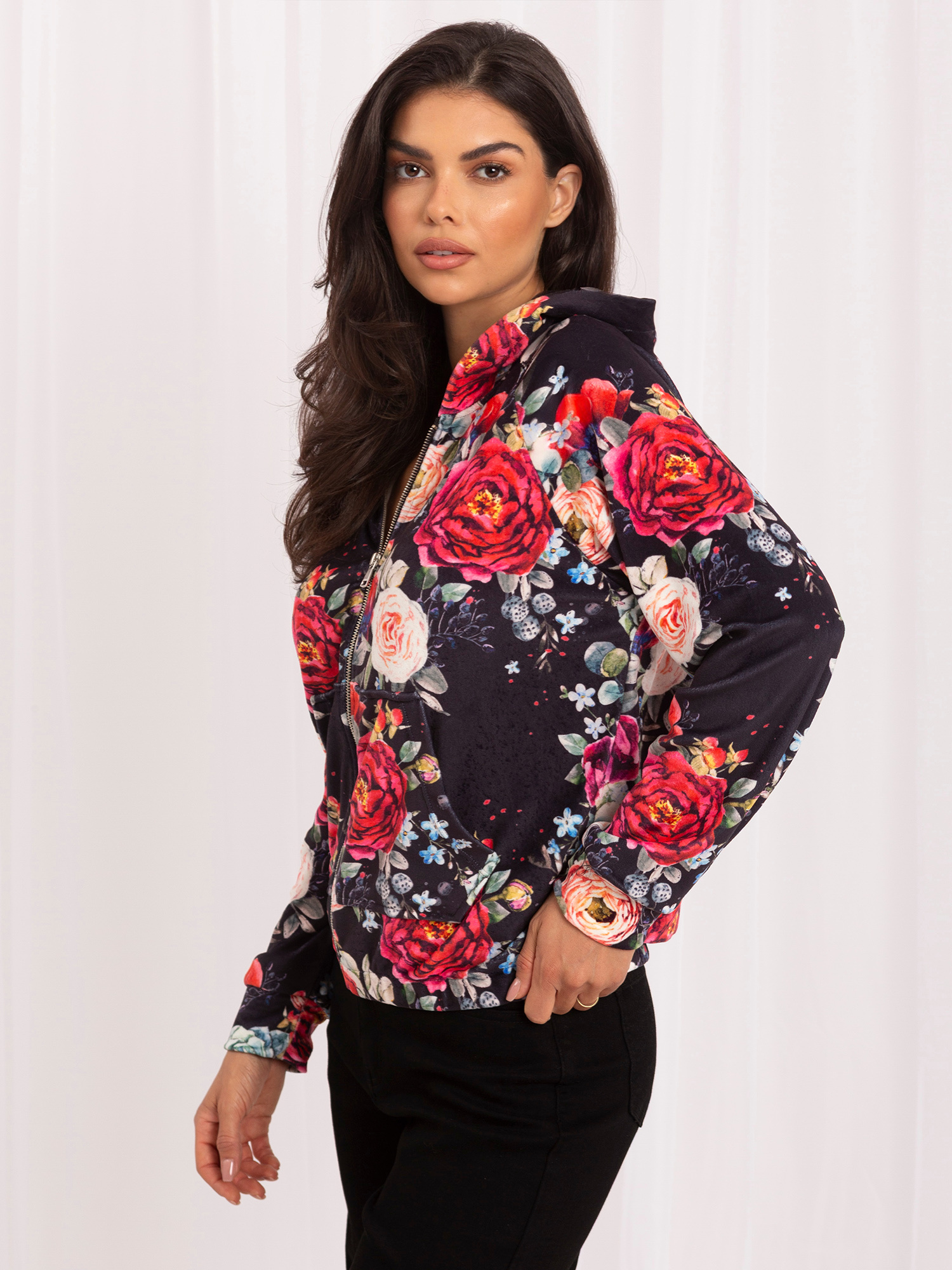 Czarna welurowa bluza rozpinana z printem RUE PARIS