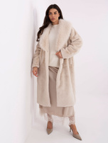 Light beige fur coat with pockets.