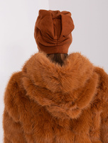 Hurt light brown winter hat with application.