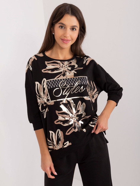 Hurt Czarna bluzka z nadrukiem i aplikacją