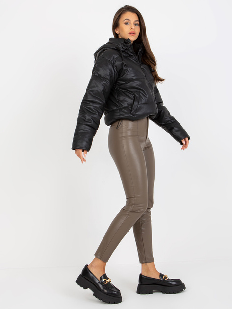 Hurt Czarna puchowa kurtka z ekoskóry z kapturem