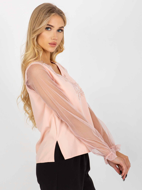 Hurt Brzoskwiniowa bluzka wizytowa z rękawami z siateczki