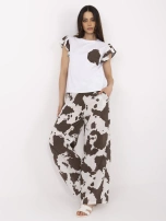 Brązowo-biały letni komplet z szerokimi spodniami