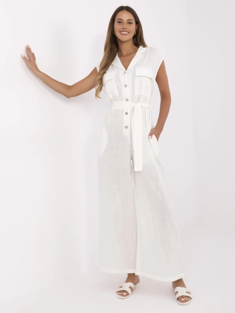 Ecru letni kombinezon damski z paskiem